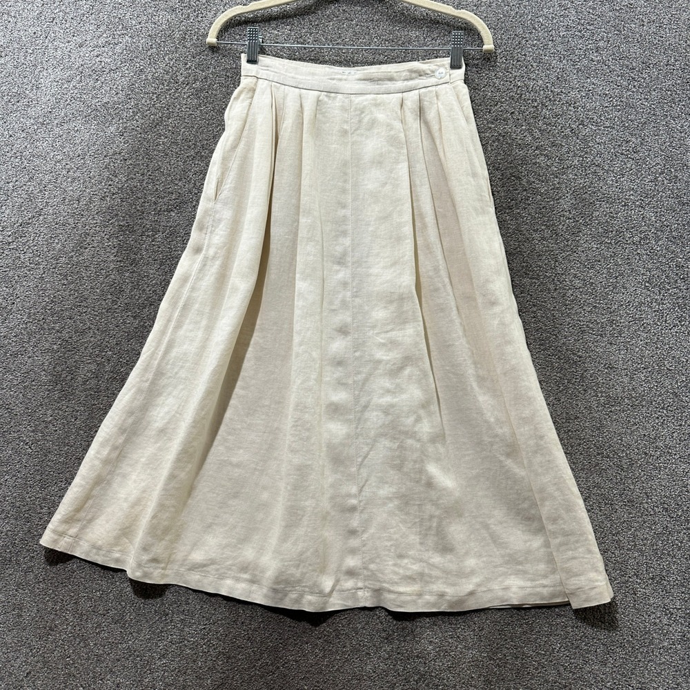 Jaeger Pleated Midi Skirt Women 8 Cream 100% Flax Linen Pockets Minimalist